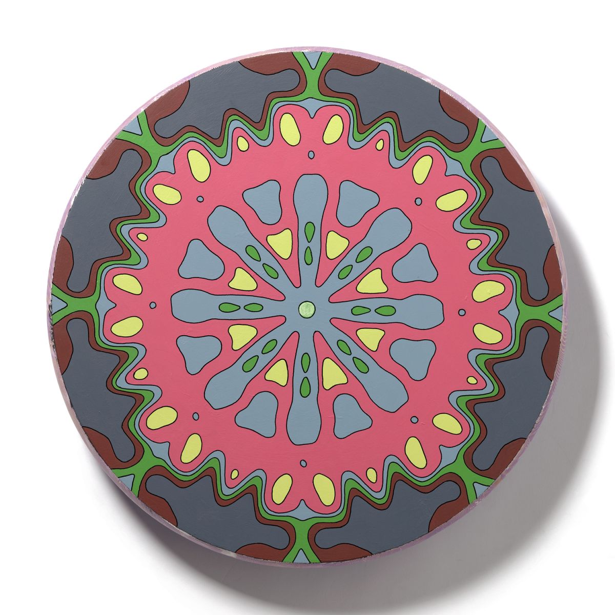 <br/>Obar Bedrock, 2023<br/>18" diameter<br/>acrylic, opaque marker and glitter on wood
